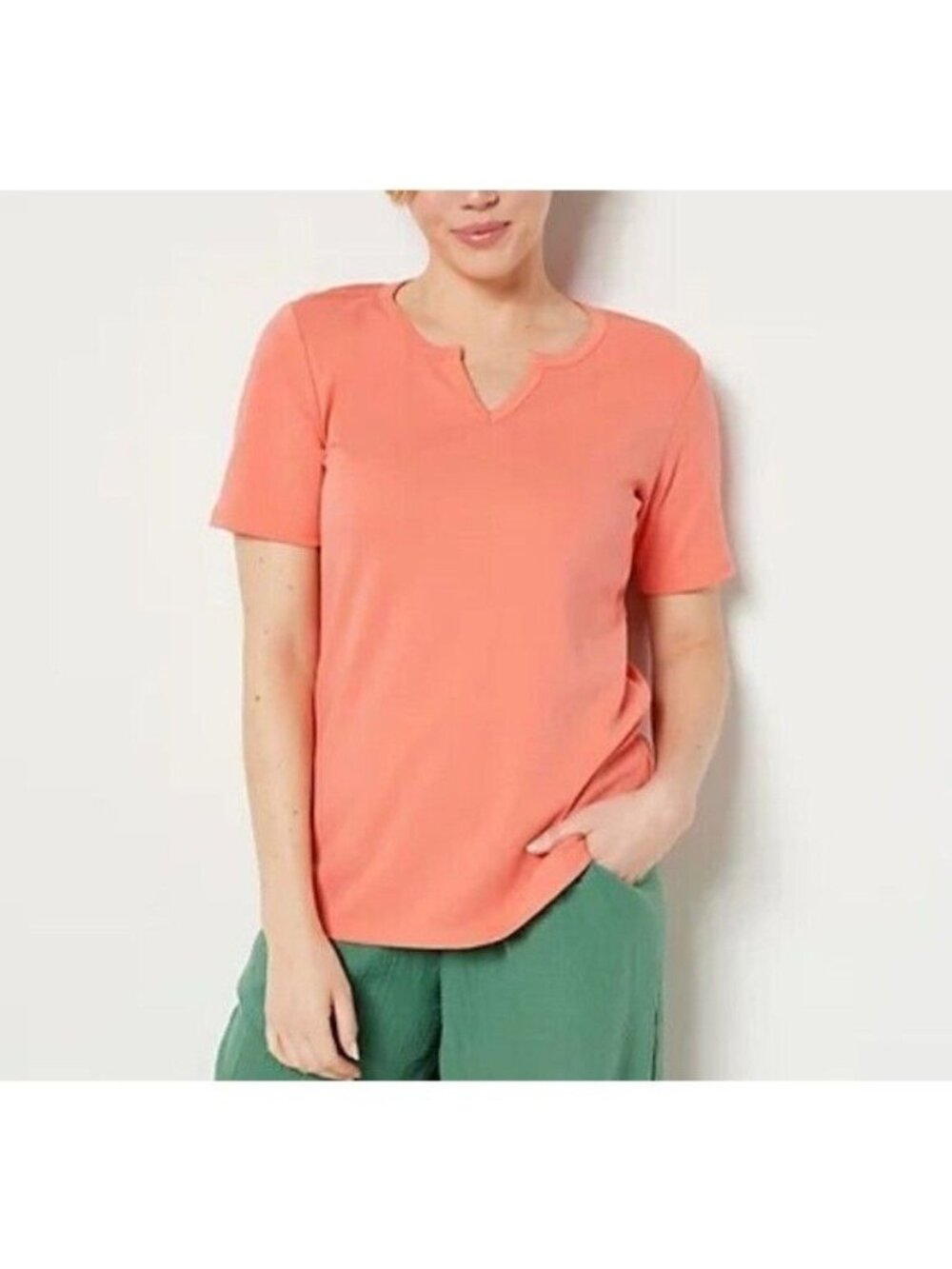 Denim & Co. Blouse Top sz S Interlock Split V NeckShort Sleeve Pink A499580